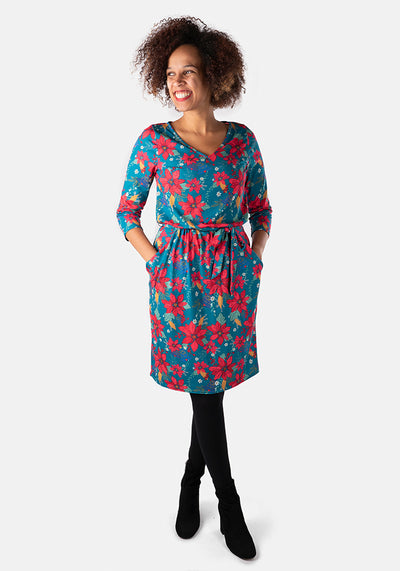 Belle Teal Poinsettia Print Dress