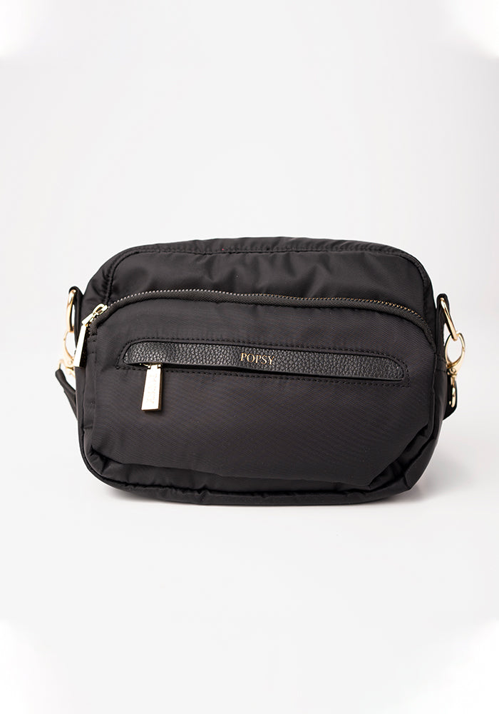 Front view of Black Cross Body Bag with Interchangeable Straps