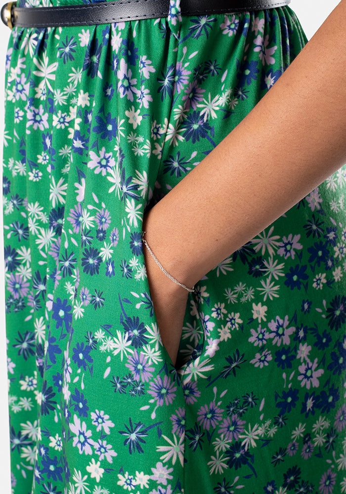 Bliss Green & Purple Ditsy Floral Print Midi Dress