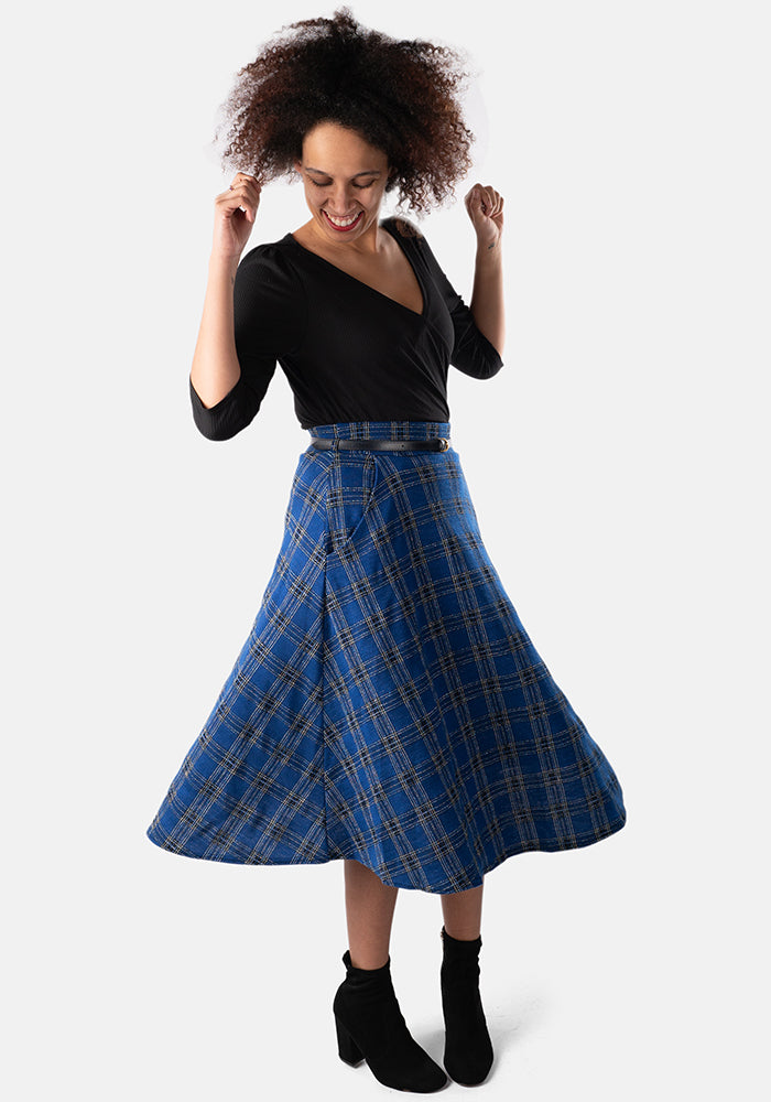 Bridget Cobalt Tartan Midi A-Line Skirt