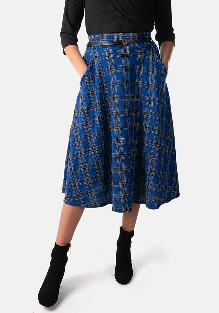 Bridget Cobalt Tartan Midi A-Line Skirt