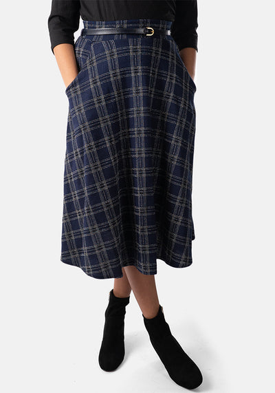 Bridget Navy Tartan Midi A-Line Skirt