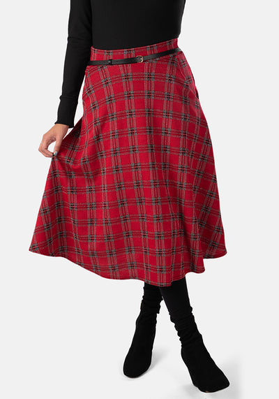 Bridget Red Tartan Midi A-Line Skirt