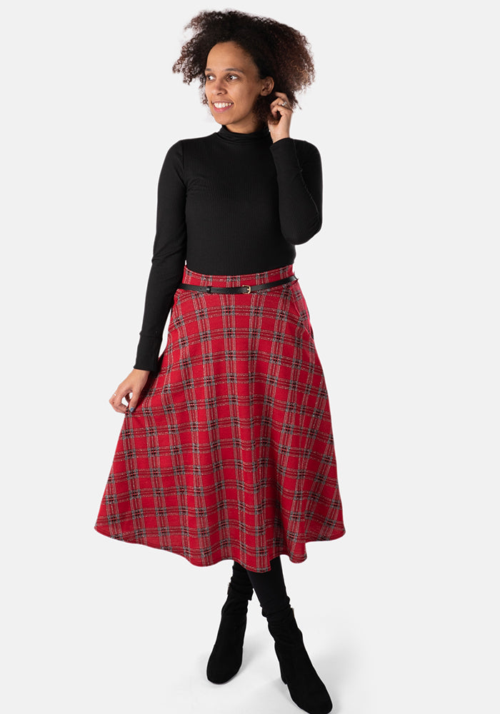 Bridget Red Tartan Midi A-Line Skirt