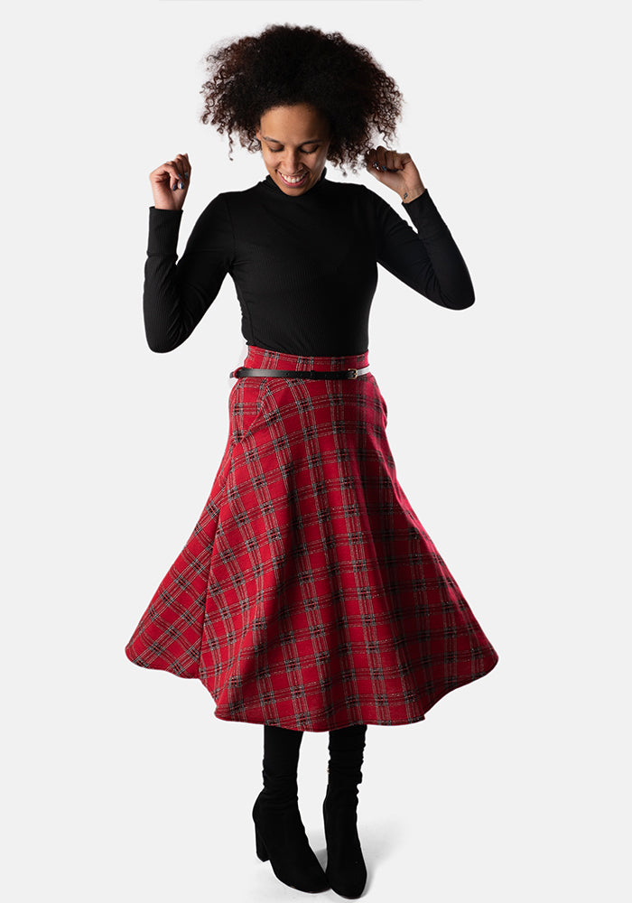 Bridget Red Tartan Midi A-Line Skirt