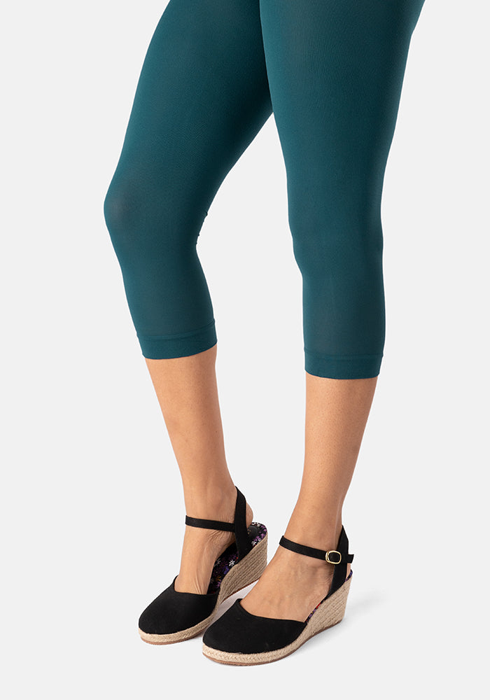 Front view of 50 Denier Premium Capri Tights (Teal), refresh your wardrobe with our jewel Teal 50 denier Capri tights.