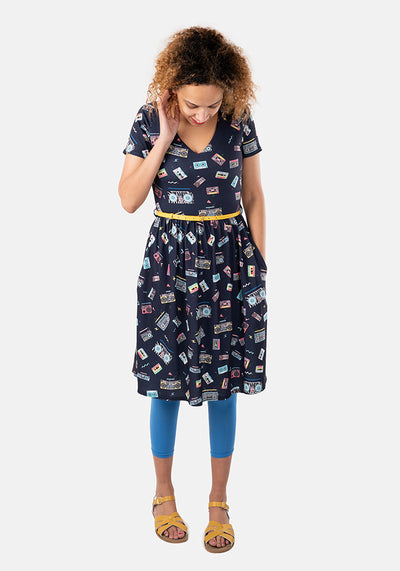 Cassia Navy Radio Cassette Print Dress