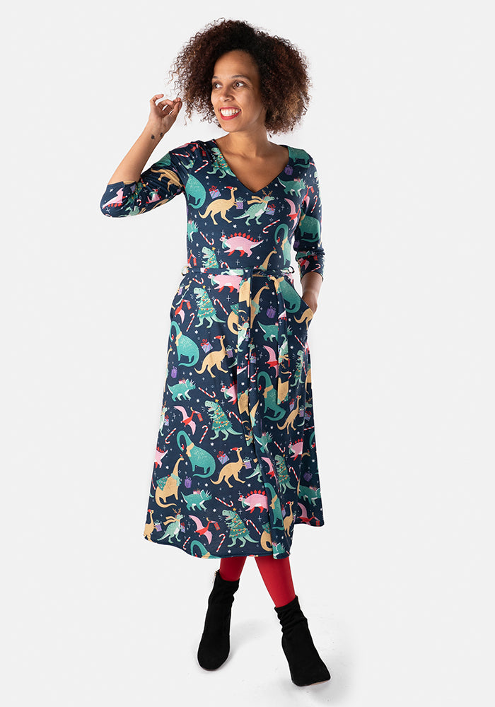 Clement Xmas Dinosaur Print Midi Dress