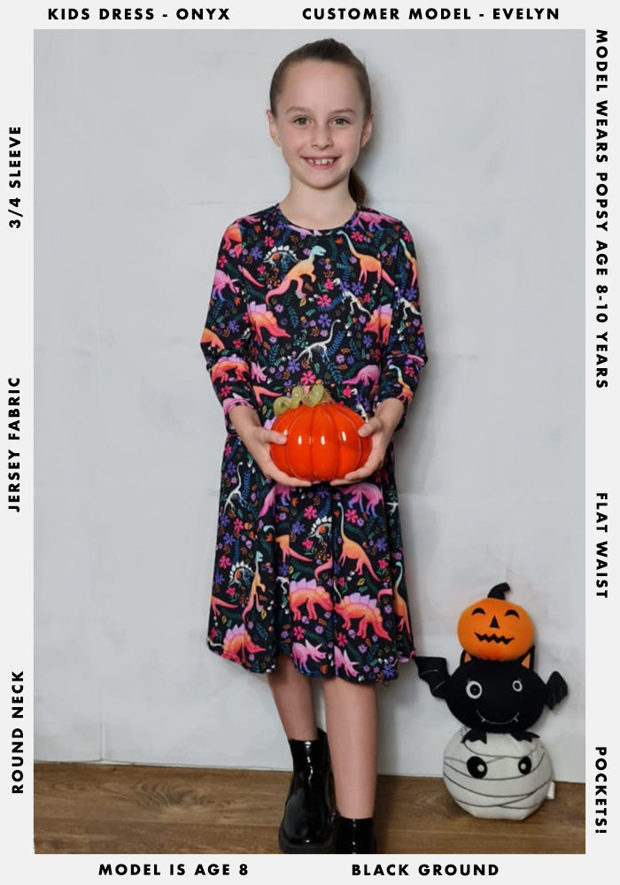 Children's Spooky Dinosaur Print Dress (Onyx)