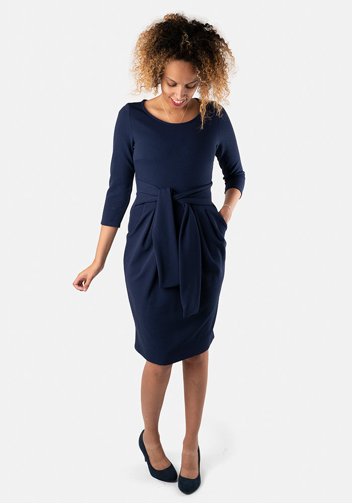 Front view of Dion Navy Tie Front Dress