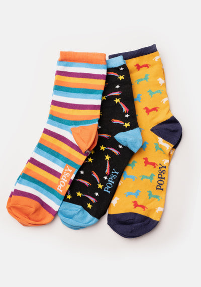 3 Pack Dog, Rainbow Star & Stripe Knit Socks