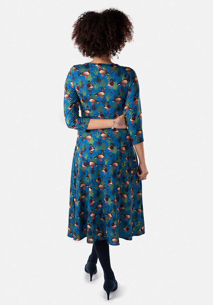 Drakey Mallard Duck Print Midi Dress