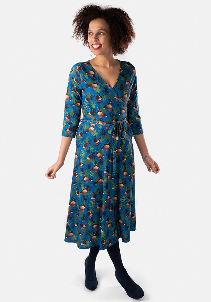 Drakey Mallard Duck Print Midi Dress