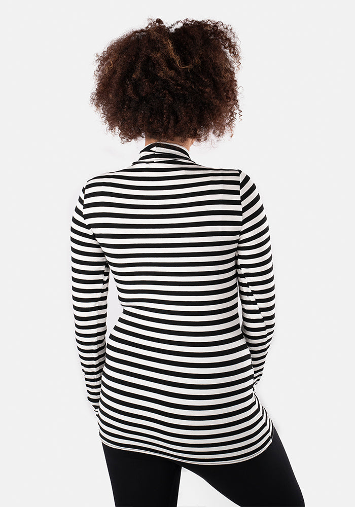 Black & Ecru Stripe Long Sleeve Polo Top
