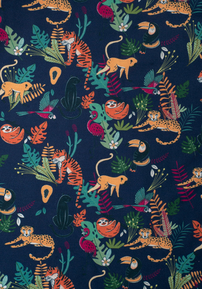 A close up of Elia's print. Wouldn’t be a Popsy without more wild animals would it now? A mixture of wild animals feature on this one, including tigers, leopards, flamingos, tucans, monkeys and even sloths all in and amongst the green leaves and bushes. So many colours feature on this one against the navy ground you can have so much fun with your tights and perfect for any animal lover. 
