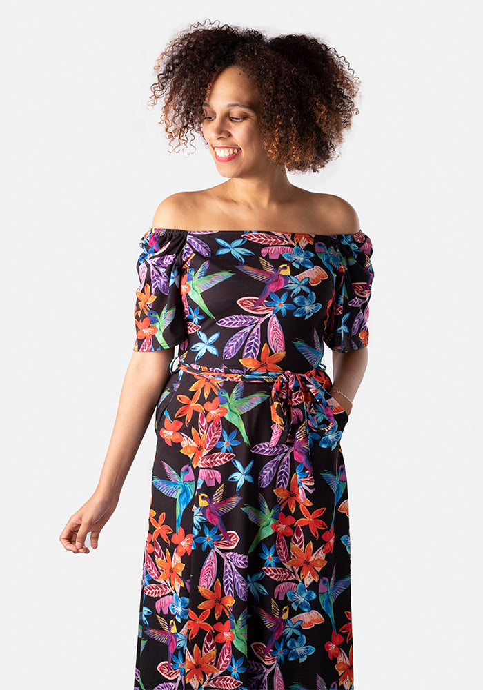 Elmina Tropical Hummingbird Print Midi Dress