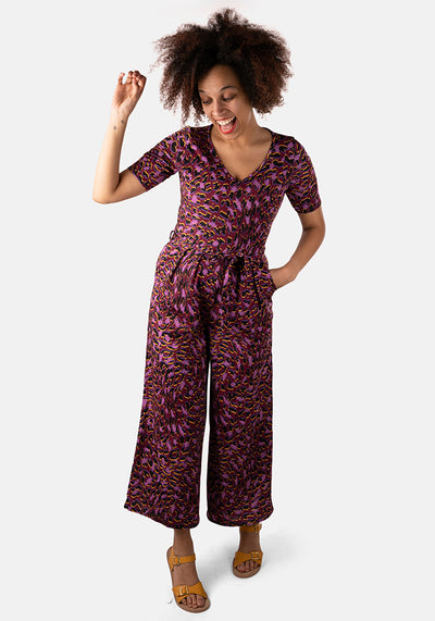 Essa Berry Animal Print Culotte Leg Jumpsuit