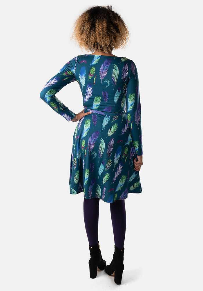 Evanna Teal Feather Print Dress