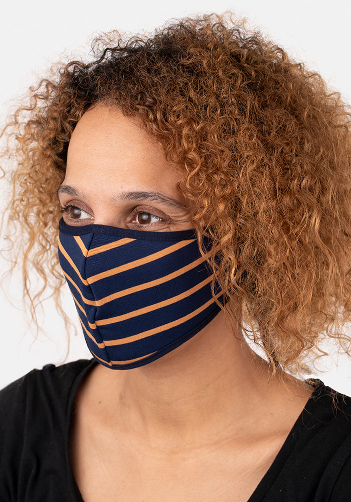 3 Layer Navy & Tan Stripe Reversible Face Cover (Colette)