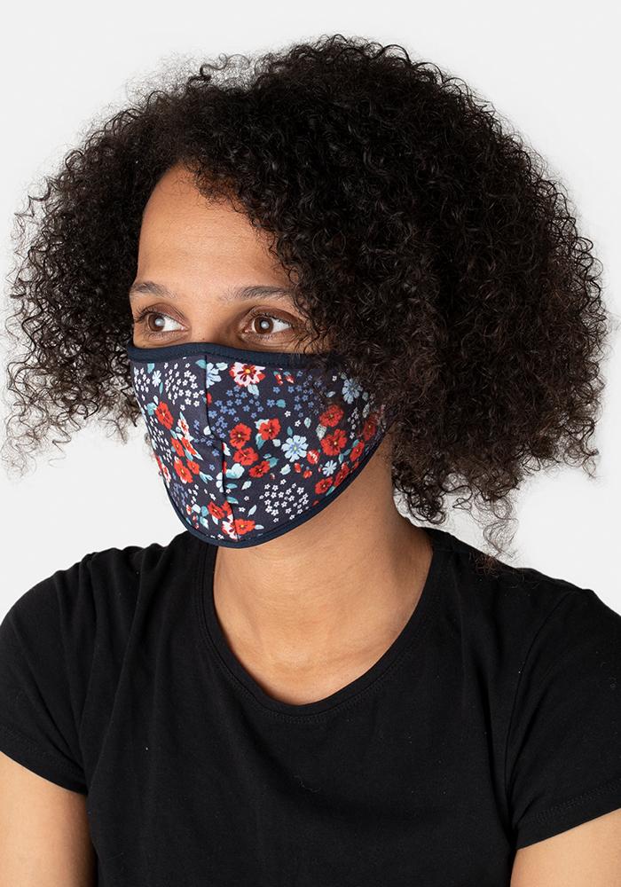 3 Layer Red & Blue Ditsy Floral Reversible Face Cover (Lucile / Esme)