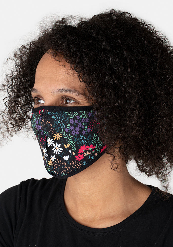 3 Layer Black Floral Print Reversible Face Cover (Samantha)