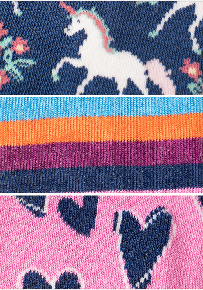 3 Pack Unicorn, Stripe & Heart Knit Socks