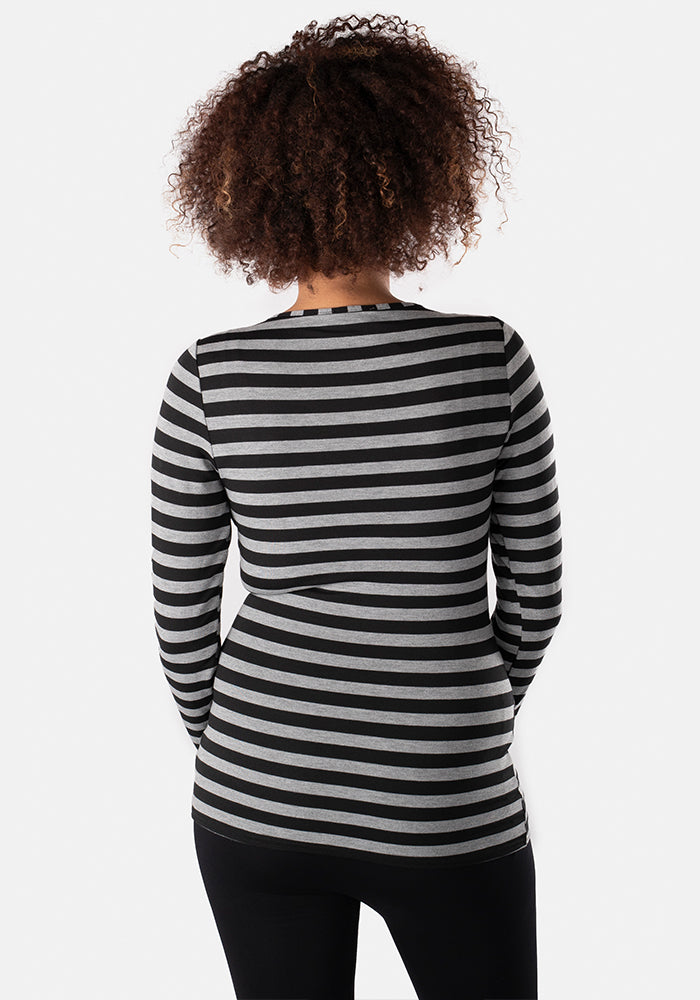 Black & Grey Stripe Long Sleeve Round Neck Top