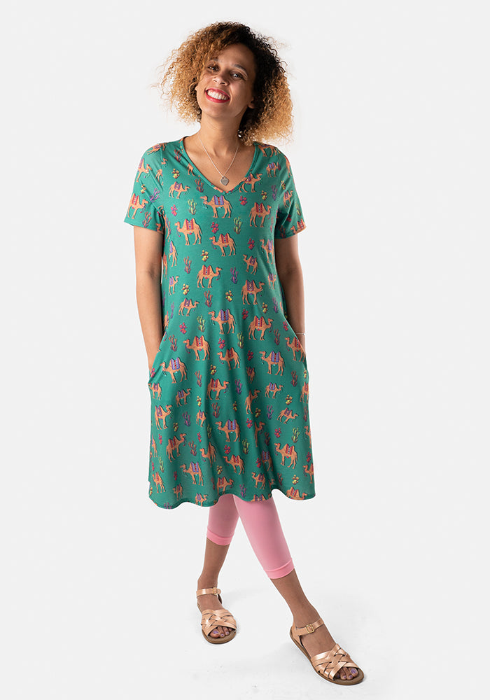 Gurleen Camel & Cactus Print Trapeze Dress