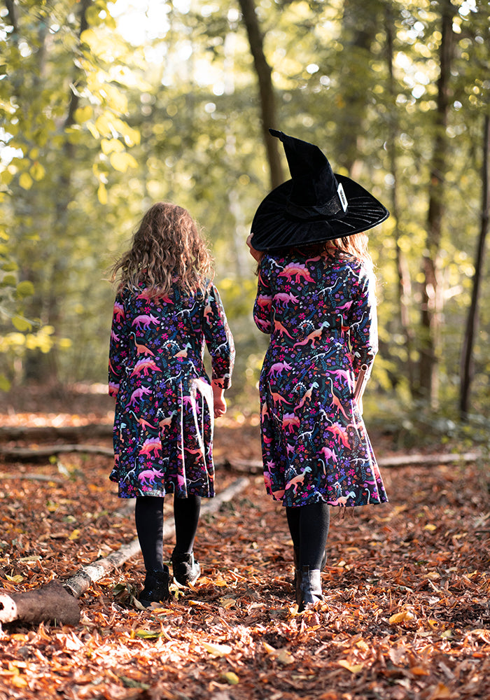 Children's Spooky Dinosaur Print Dress (Onyx)
