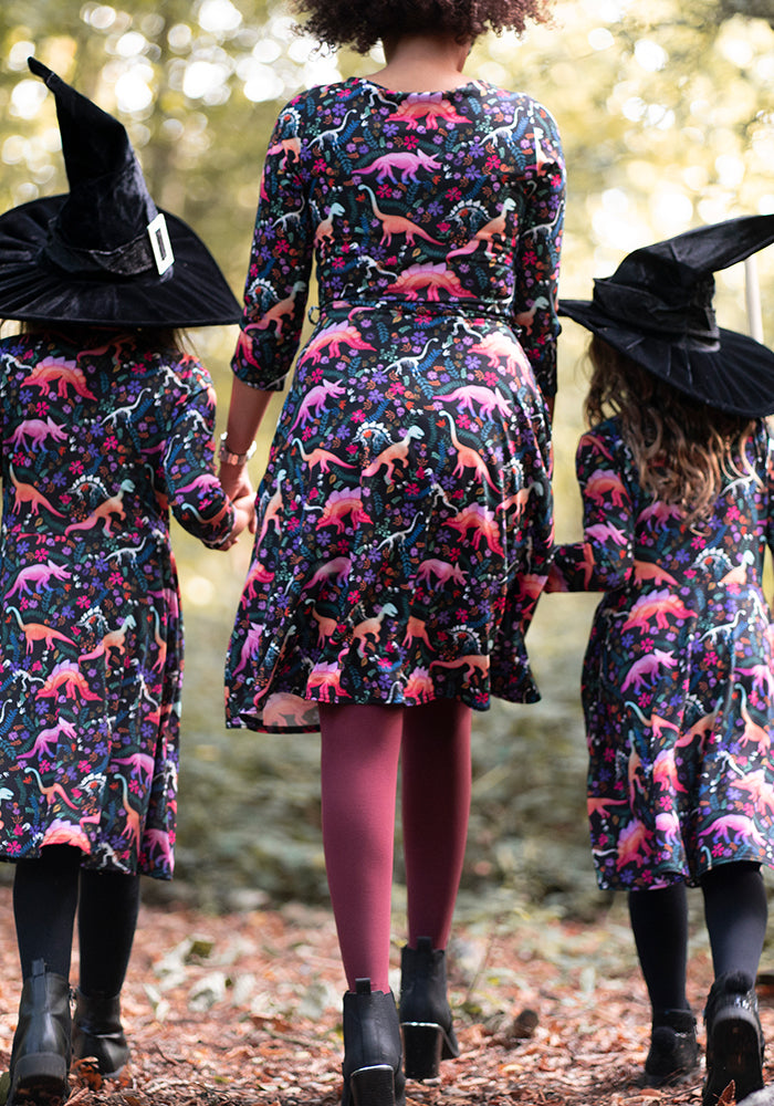 Children's Spooky Dinosaur Print Dress (Onyx)