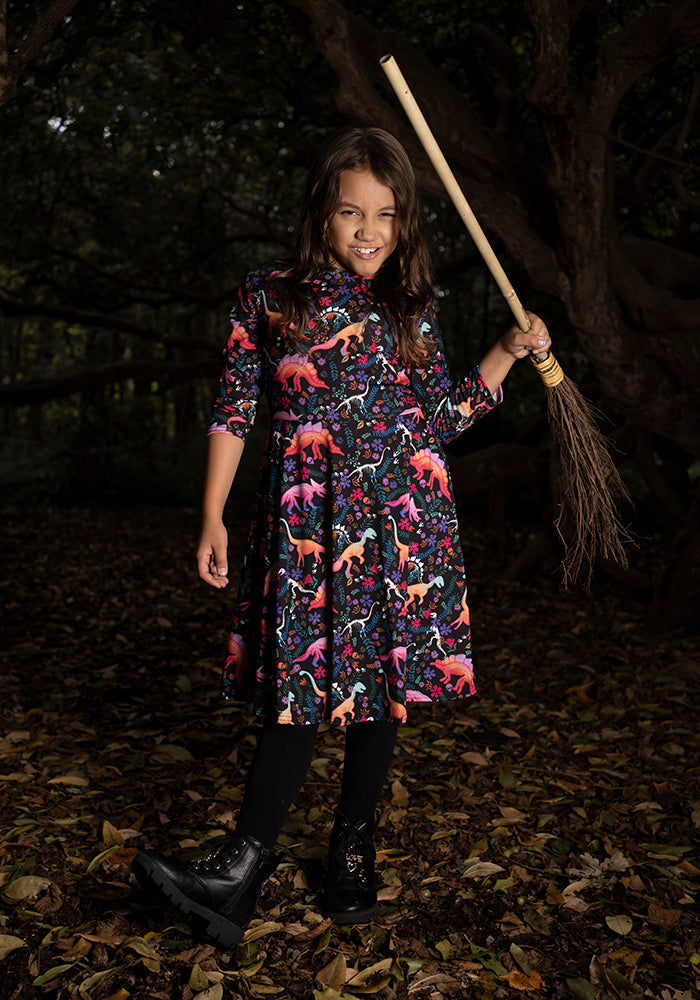 Children's Spooky Dinosaur Print Dress (Onyx)