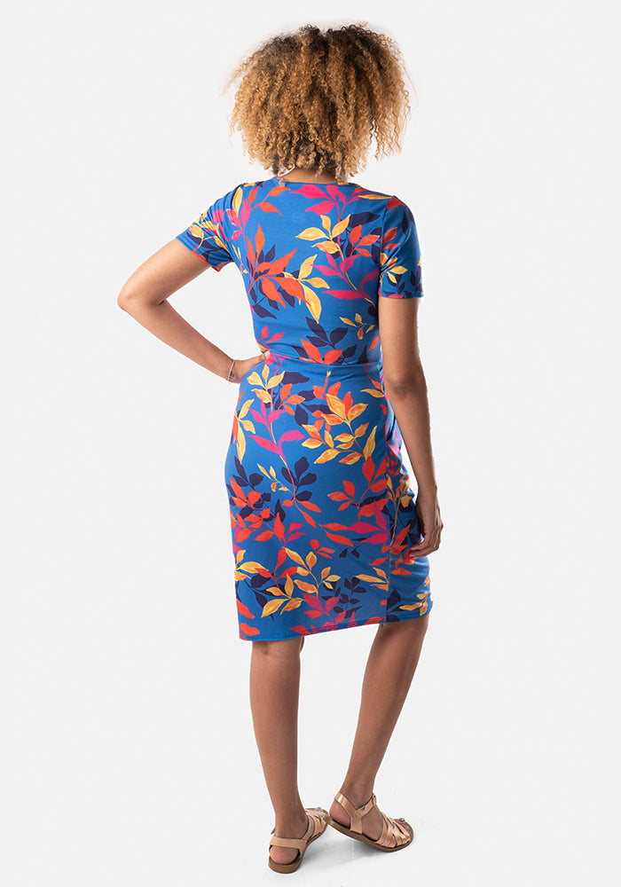 Henrietta Blue Trailing Leaf Print Dress