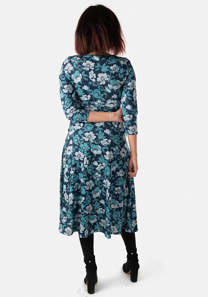 Indigo Teal Trailing Leaf Print Midi Dress