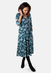 Indigo Teal Trailing Leaf Print Midi Dress