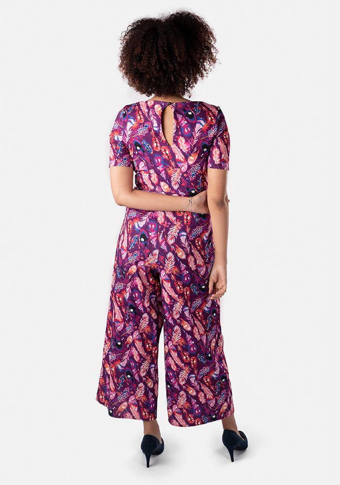 Jadine Magenta Feather Print Culotte Jumpsuit