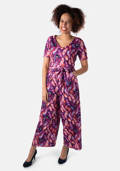 Jadine Magenta Feather Print Culotte Jumpsuit