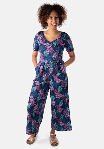 Jersey Blue & Pink Leaf Print Culotte Jumpsuit