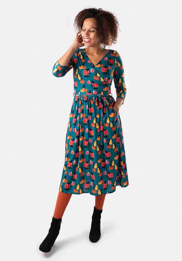 Jinx Pumpkins & Black Cat Print Midi Dress