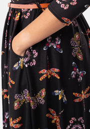 Kaida Pressed Floral Butterfly Print Midi Dress