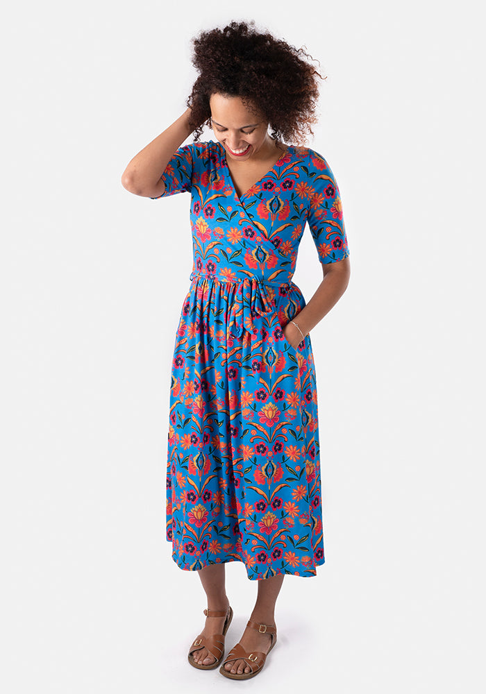 Lacey Blue Bohemian Floral Print Midi Dress