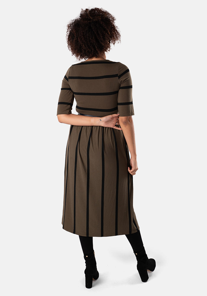 Leya Khaki & Black Stripe Midi Dress
