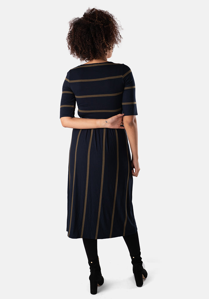 Leya Navy & Khaki Stripe Midi Dress