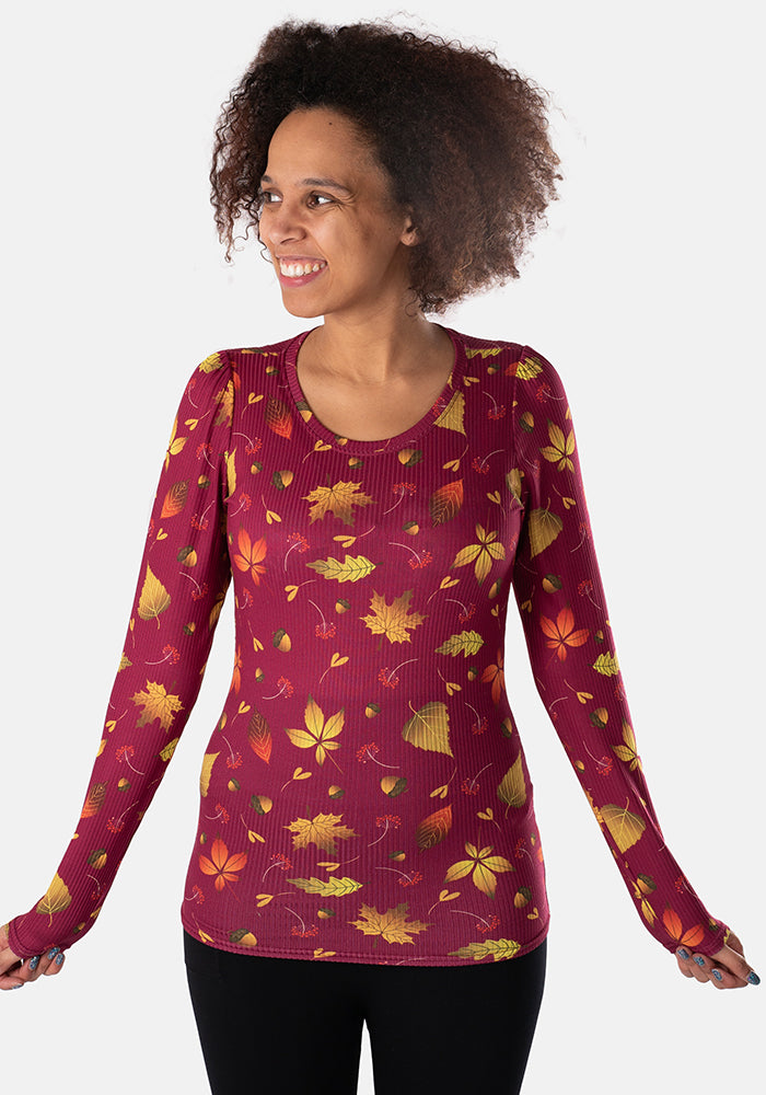 Linden Autumn Leaves Print Round Neck Top