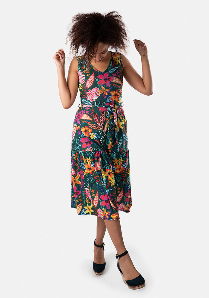 Lowenna Painted Tropical Floral Print Midi Dress