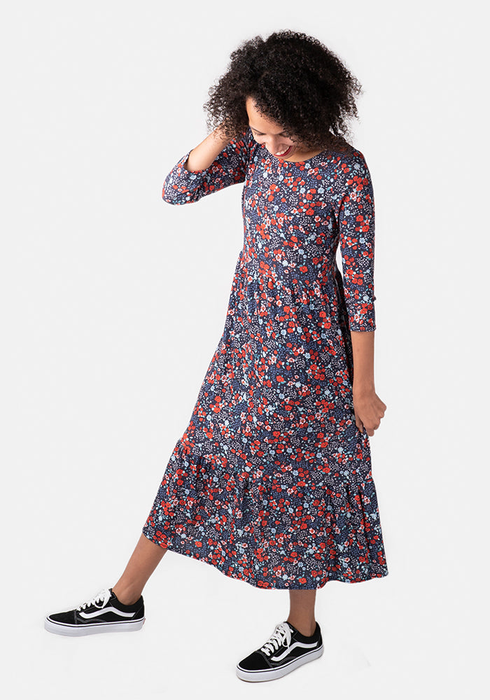 Lucile Red & Blue Ditsy Floral Midi Dress