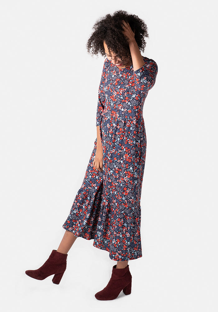 Lucile Red & Blue Ditsy Floral Midi Dress