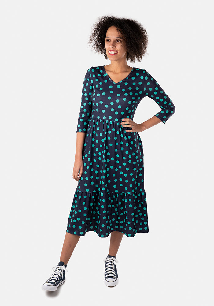 Lucinda Navy & Green Spot Midi Dress