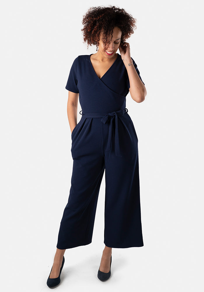Front view of Marina Plain Navy Culotte Jumpsuit