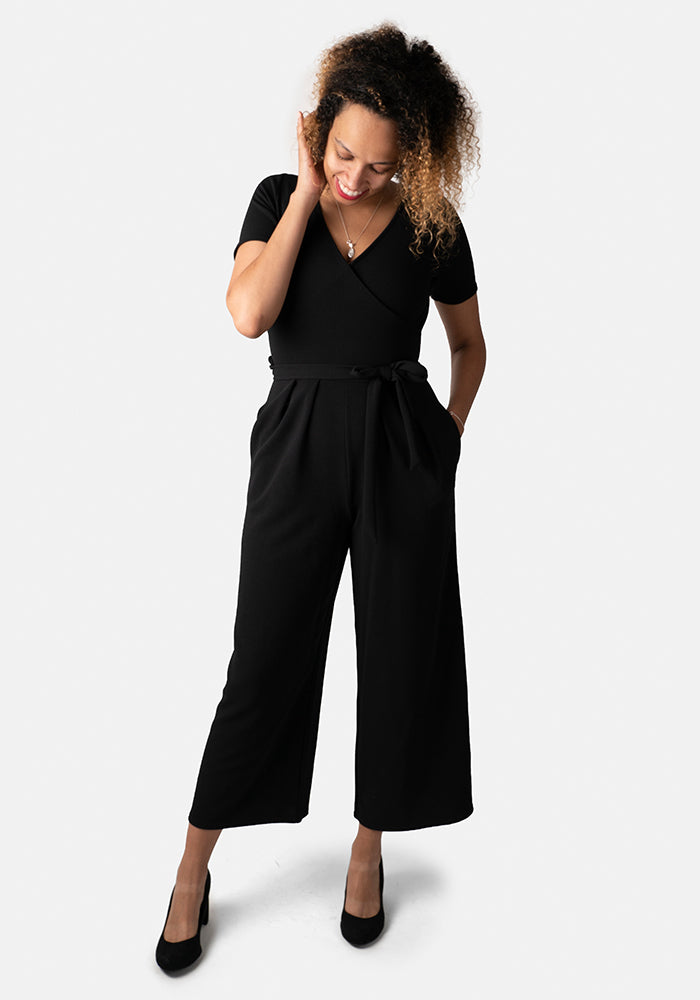 Front view of Mercedes Plain Black Culotte Jumpsuit
