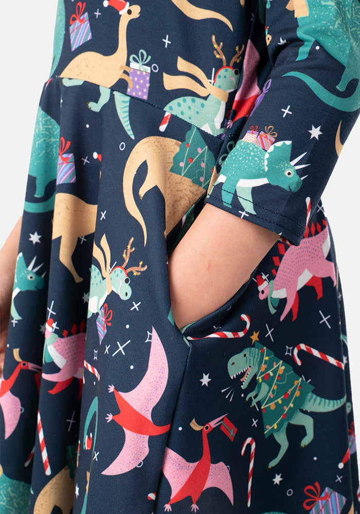 Children's Christmas Dinosaur Print Dress (Merryasaurus)